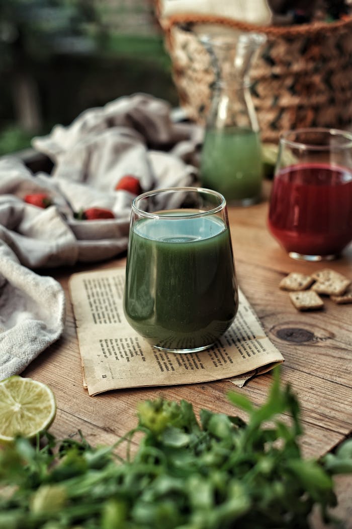 Refreshing green juice on wooden table surrounded by fresh ingredients and rustic decor.